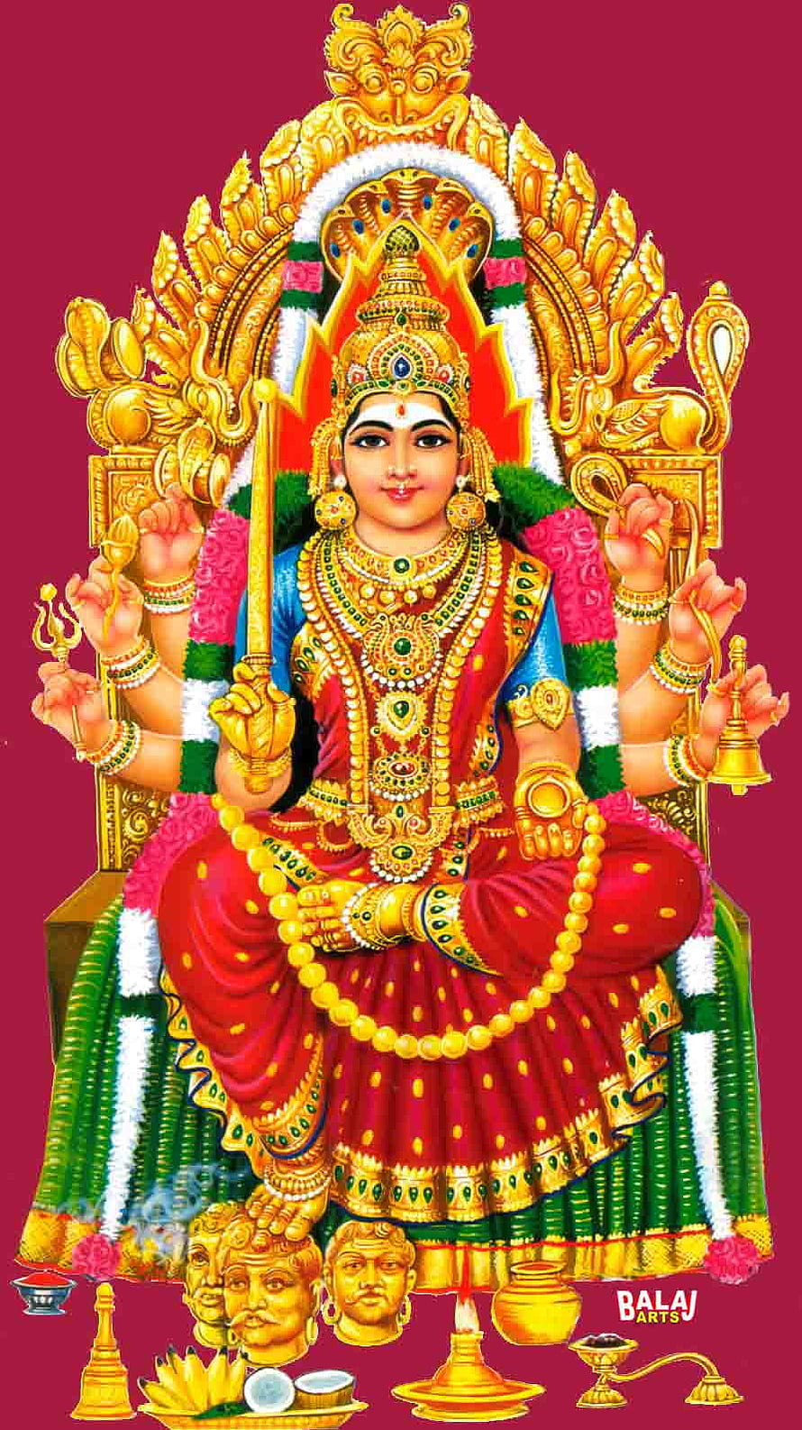 Goddess Durga Seated on Golden Throne with Multiple Arms Holding Weapons and Ritual Items HD phone wallpaper