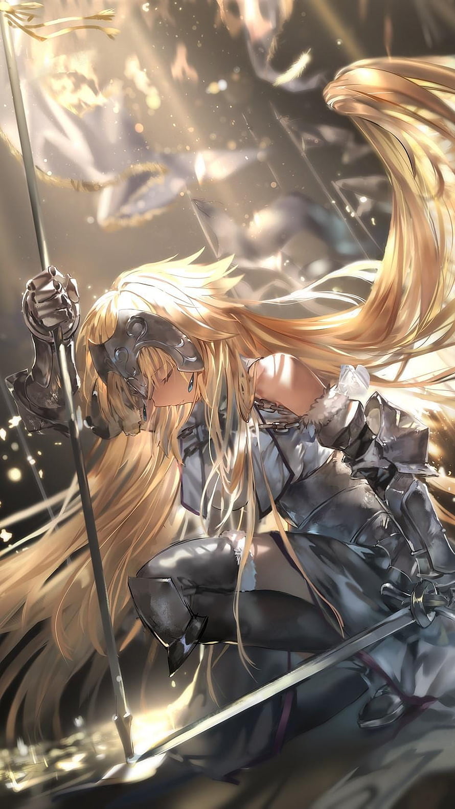 Jeanne D'Arc from Fate Grand Order in ornate armor holding a lance and sword HD phone wallpaper