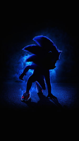 Sonic the Hedgehog in a Dark Blue Hazy Crouch with Glowing Red Sneakers HD phone wallpaper