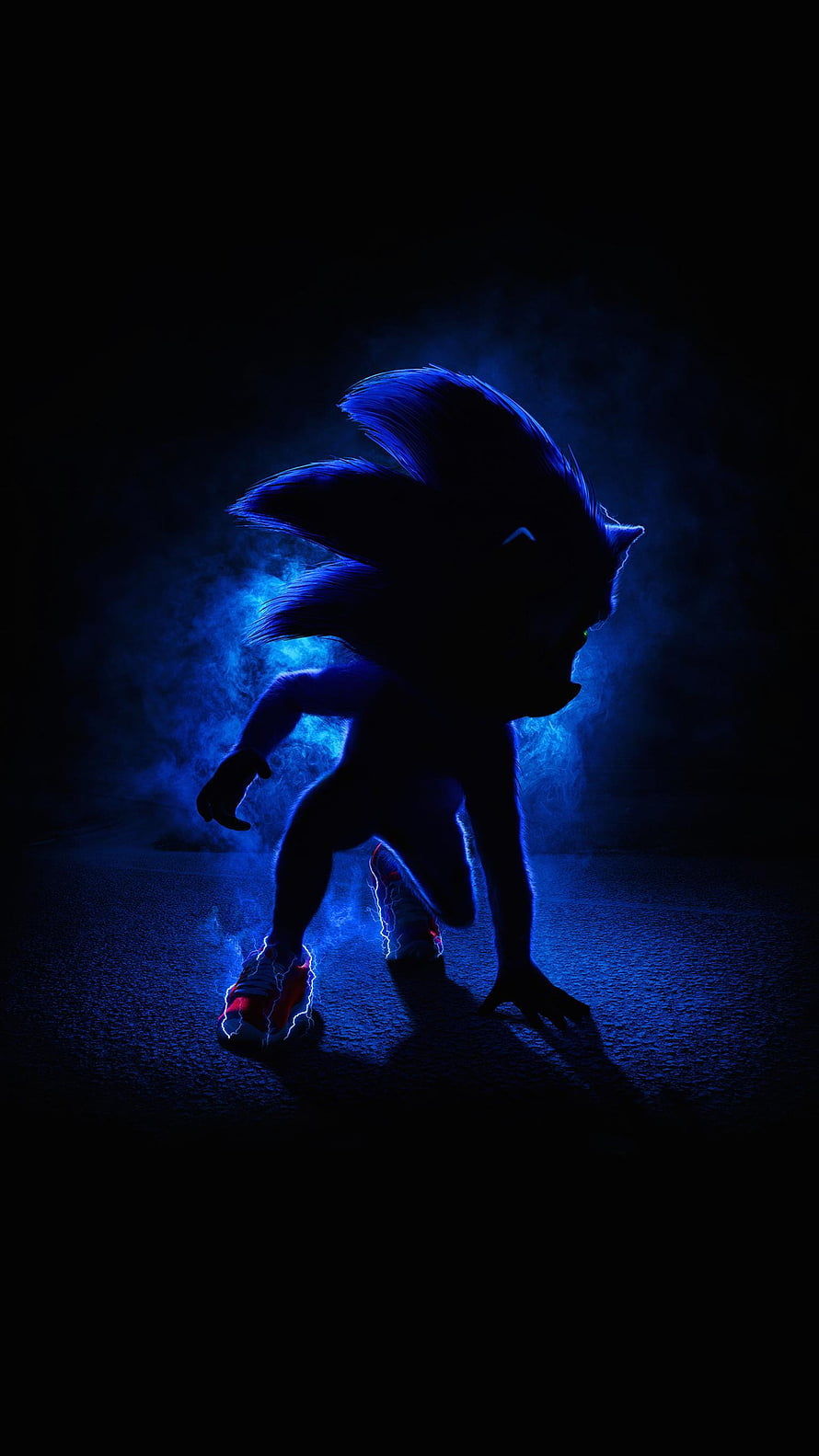 Sonic the Hedgehog in a Dark Blue Hazy Crouch with Glowing Red Sneakers HD phone wallpaper