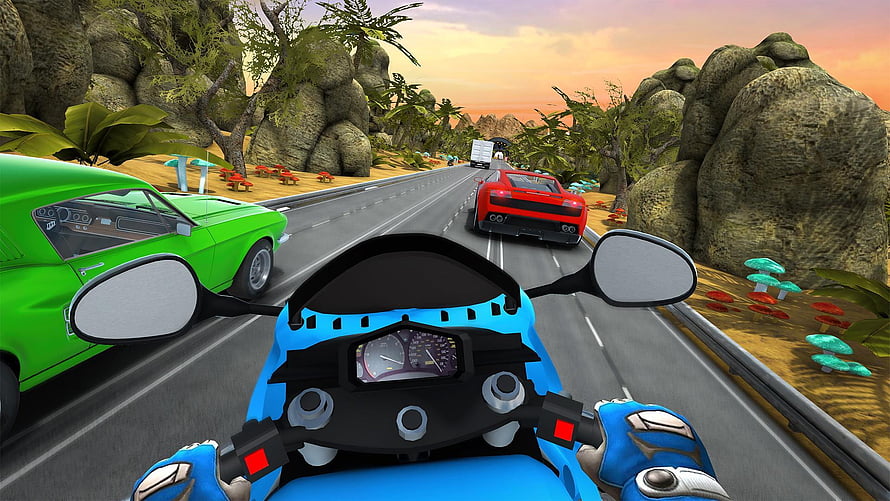 First-Person Motorcycle Racing on a Tropical Highway at Sunset HD wallpaper