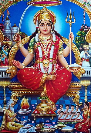 Santoshi Maa Devotional Painting with Sword and Trident HD phone wallpaper