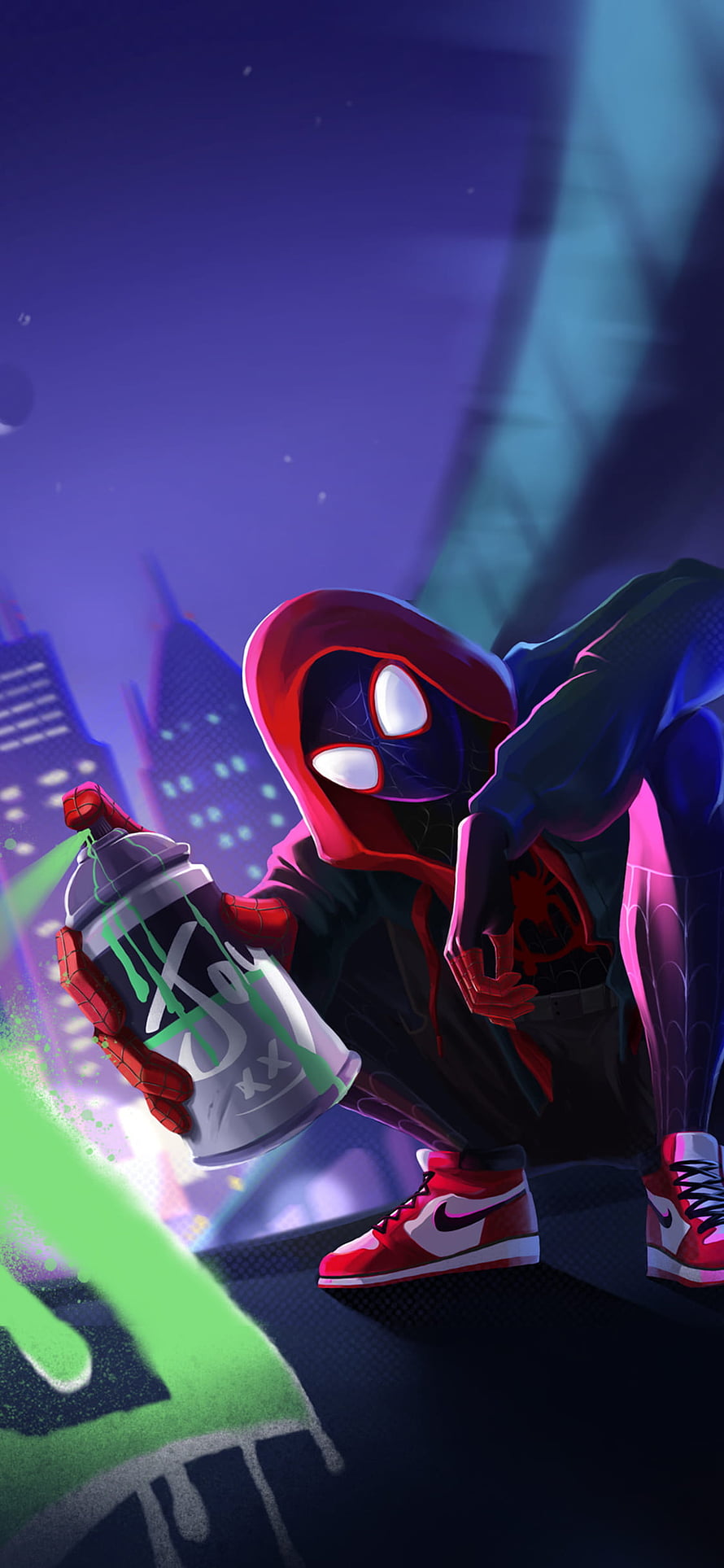 Miles Morales in Red Hoodie Spraying Green Graffiti Against a Neon City Skyline HD phone wallpaper