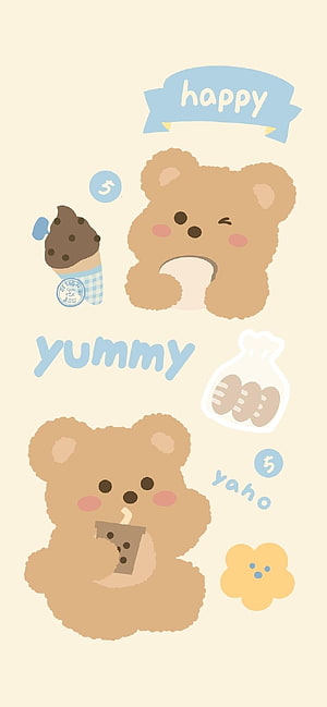 Cute Kawaii Cartoon Bear Eating Ice Cream and Bubble Tea on Cream Background HD phone wallpaper