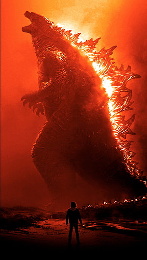 Godzilla King of the Monsters Roaring with Glowing Dorsal Fins in Fiery Red Haze HD phone wallpaper