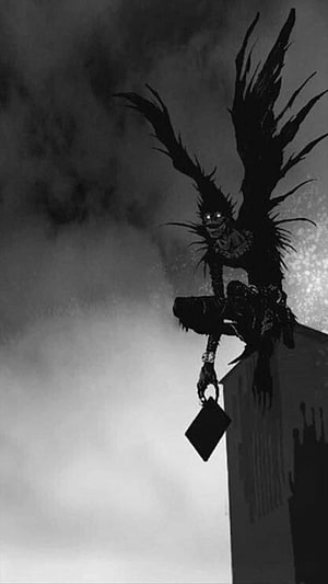 Ryuk from Death Note Perched on a Rooftop Edge in a Dark Monochrome Scene HD phone wallpaper