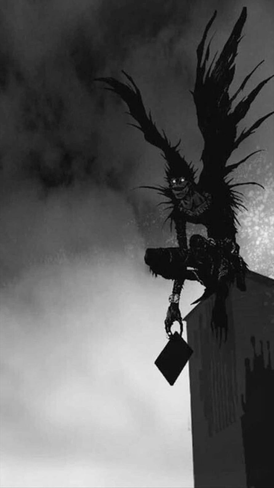 Ryuk from Death Note Perched on a Rooftop Edge in a Dark Monochrome Scene HD phone wallpaper