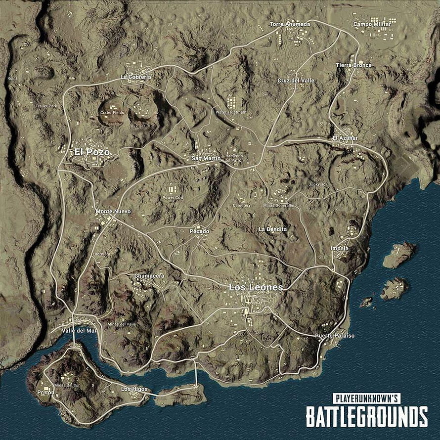 PUBG Battlegrounds Erangel Map Overview with Locations and Roads HD phone wallpaper
