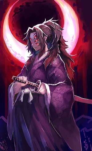 Akaza from Demon Slayer Holding Katana Against Red Moon Background Anime Wallpaper HD phone wallpaper
