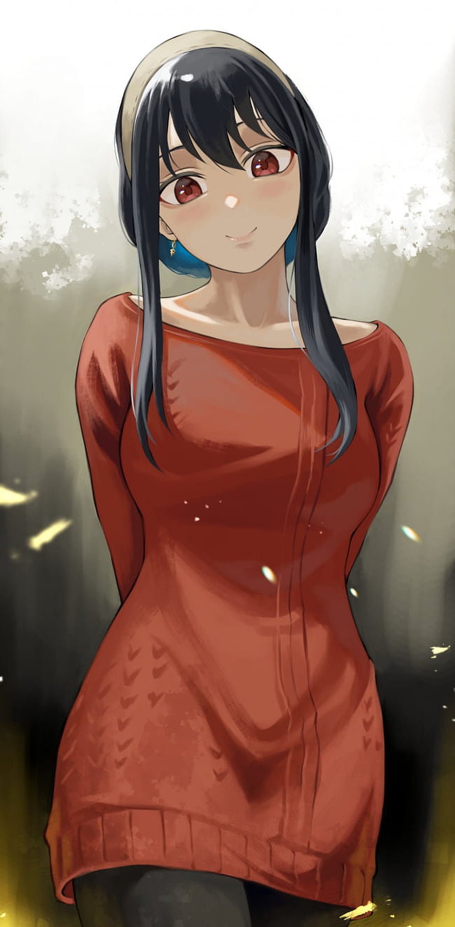 Yor Forger from Spy x Family in a red dress with a gentle smile and dark hair HD phone wallpaper
