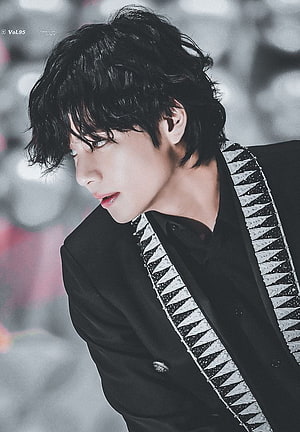BTS V in Black Suit with Geometric Lapel Detail and Wavy Hair HD phone wallpaper