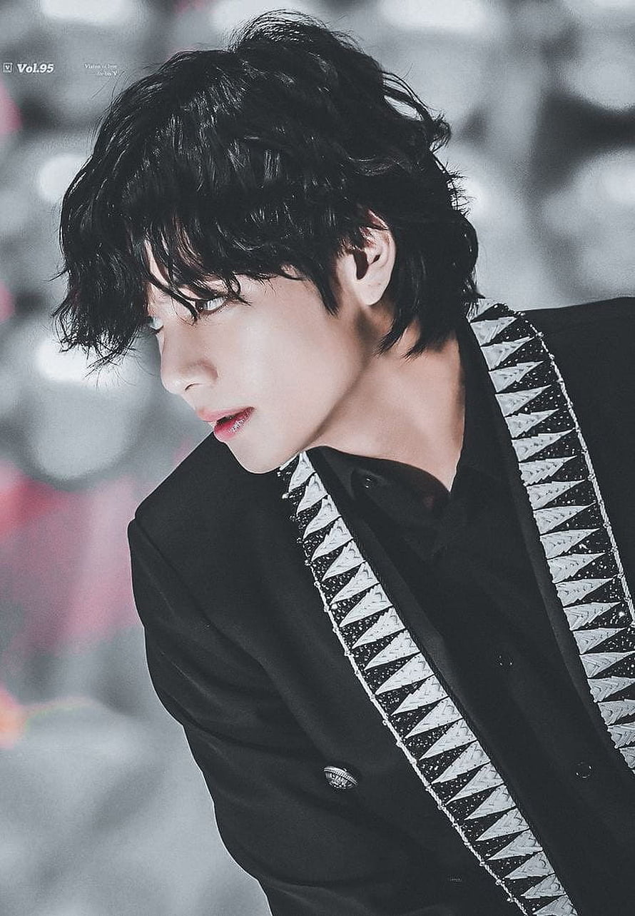 BTS V in Black Suit with Geometric Lapel Detail and Wavy Hair HD phone wallpaper