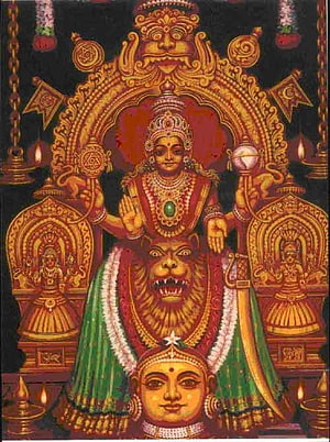 Mookambika Temple Deity Painting with Lion and Ornate Golden Arch HD phone wallpaper