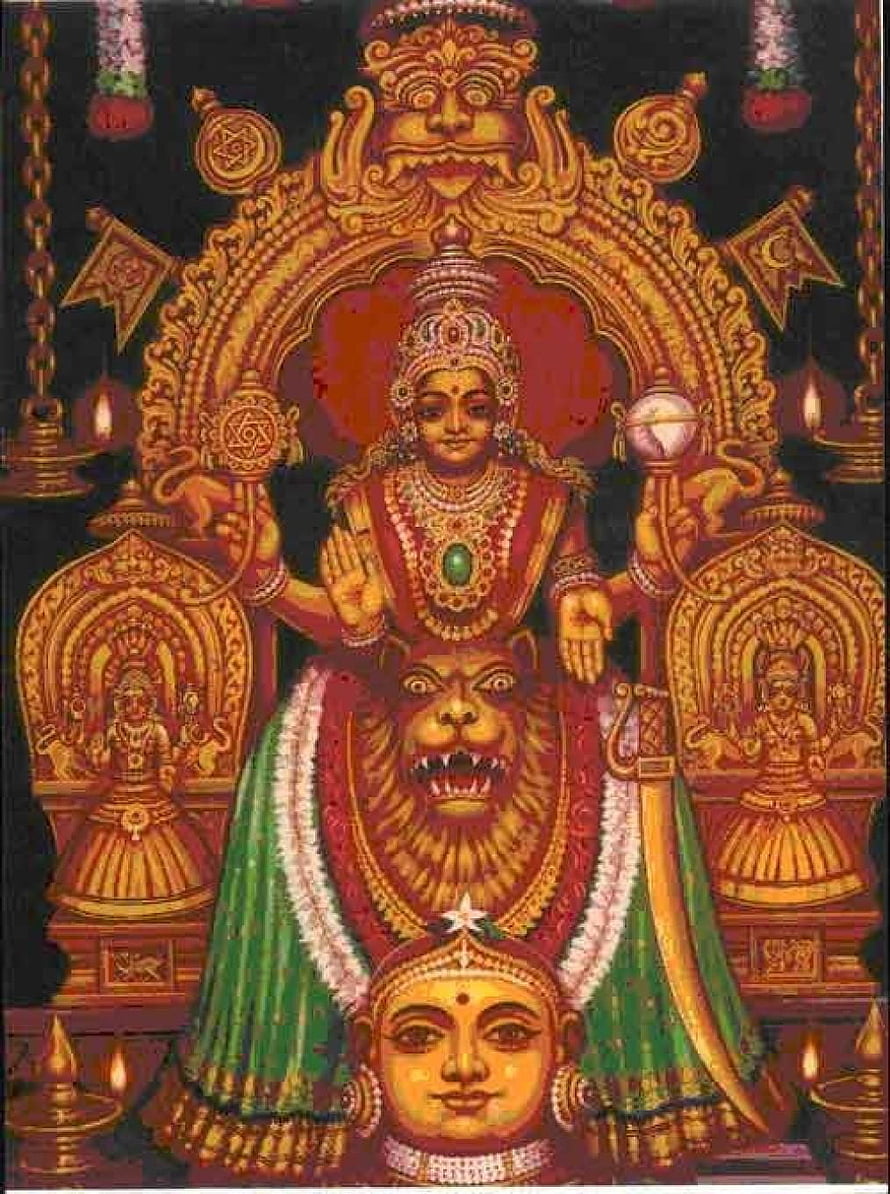 Mookambika Temple Deity Painting with Lion and Ornate Golden Arch HD phone wallpaper