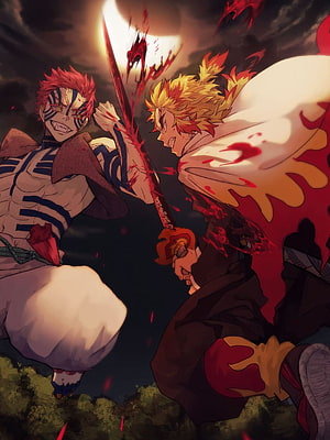 Demon Slayer: Rengoku and Akaza Clashing in a Blood-Soaked Moonlit Duel HD phone wallpaper