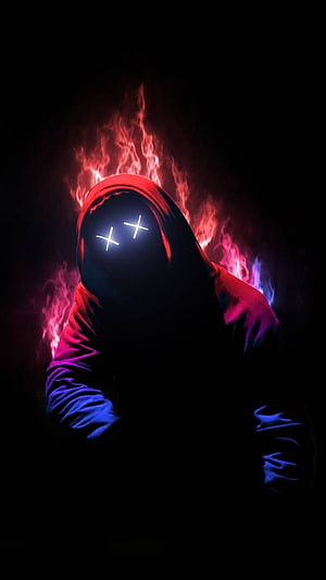 Mysterious hooded figure with glowing cross eyes and fiery background HD phone wallpaper