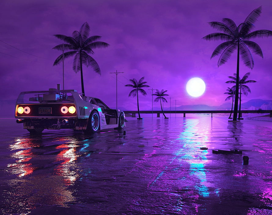 Retro Vice City Night Scene with Classic Sports Car and Neon Palm Trees HD wallpaper