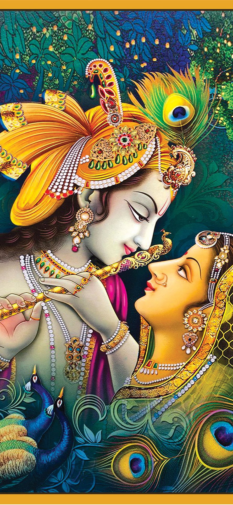 Radha Krishna Playing Flute in Peacock Garden Traditional Indian Art HD phone wallpaper