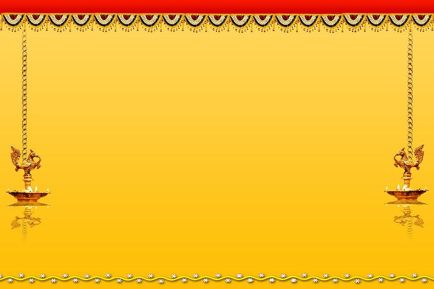 Golden Indian Wedding Invitation Background With Hanging Oil Lamps And Floral Border HD wallpaper