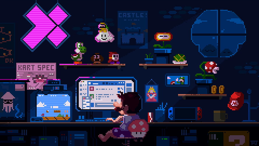 Pixel Art Gamer Room With Nintendo Switch, Super Mario, and Retro Gaming Decor HD wallpaper