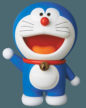 Doraemon 3D Rendered Figure with Red Collar and Golden Bell on Gray Background HD phone wallpaper