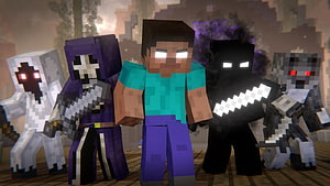 Minecraft Animation Scene Featuring Herobrine, Entity 303, and Blocky Characters HD wallpaper