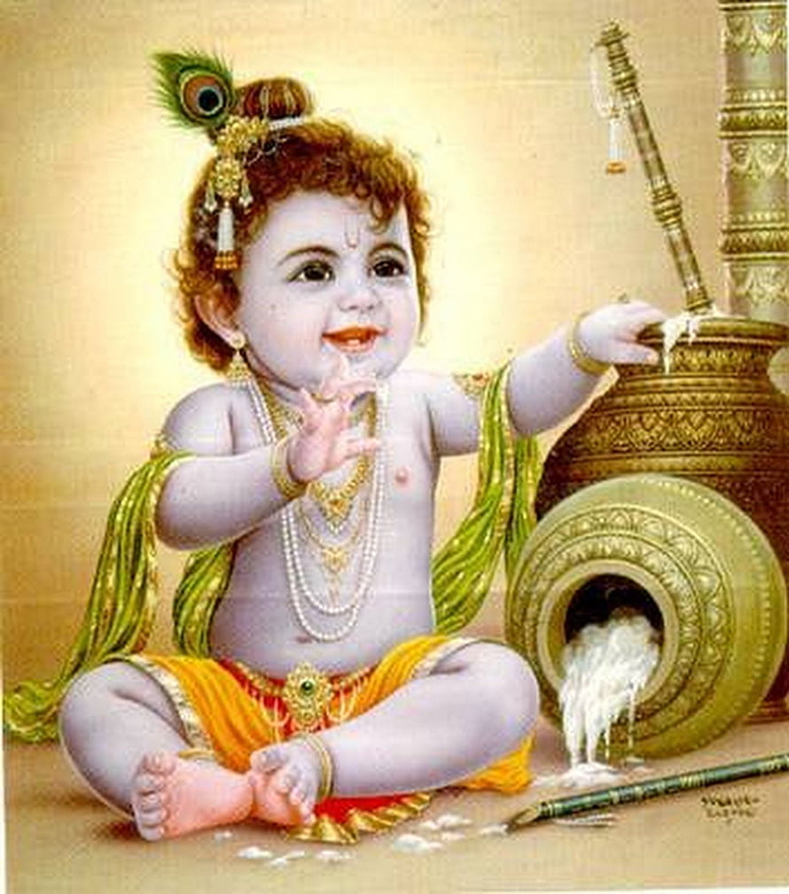 Baby Krishna stealing butter from a golden pot with a peacock feather crown HD phone wallpaper