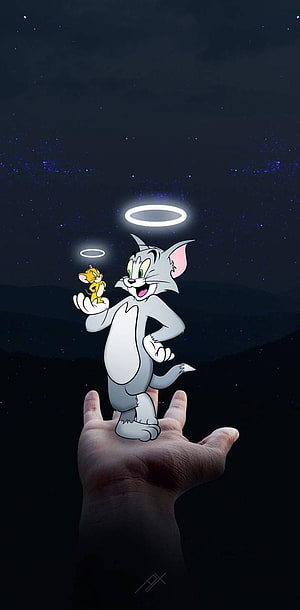 Tom and Jerry as Angels with Glowing Halos on a Hand Against a Starry Night Sky HD phone wallpaper