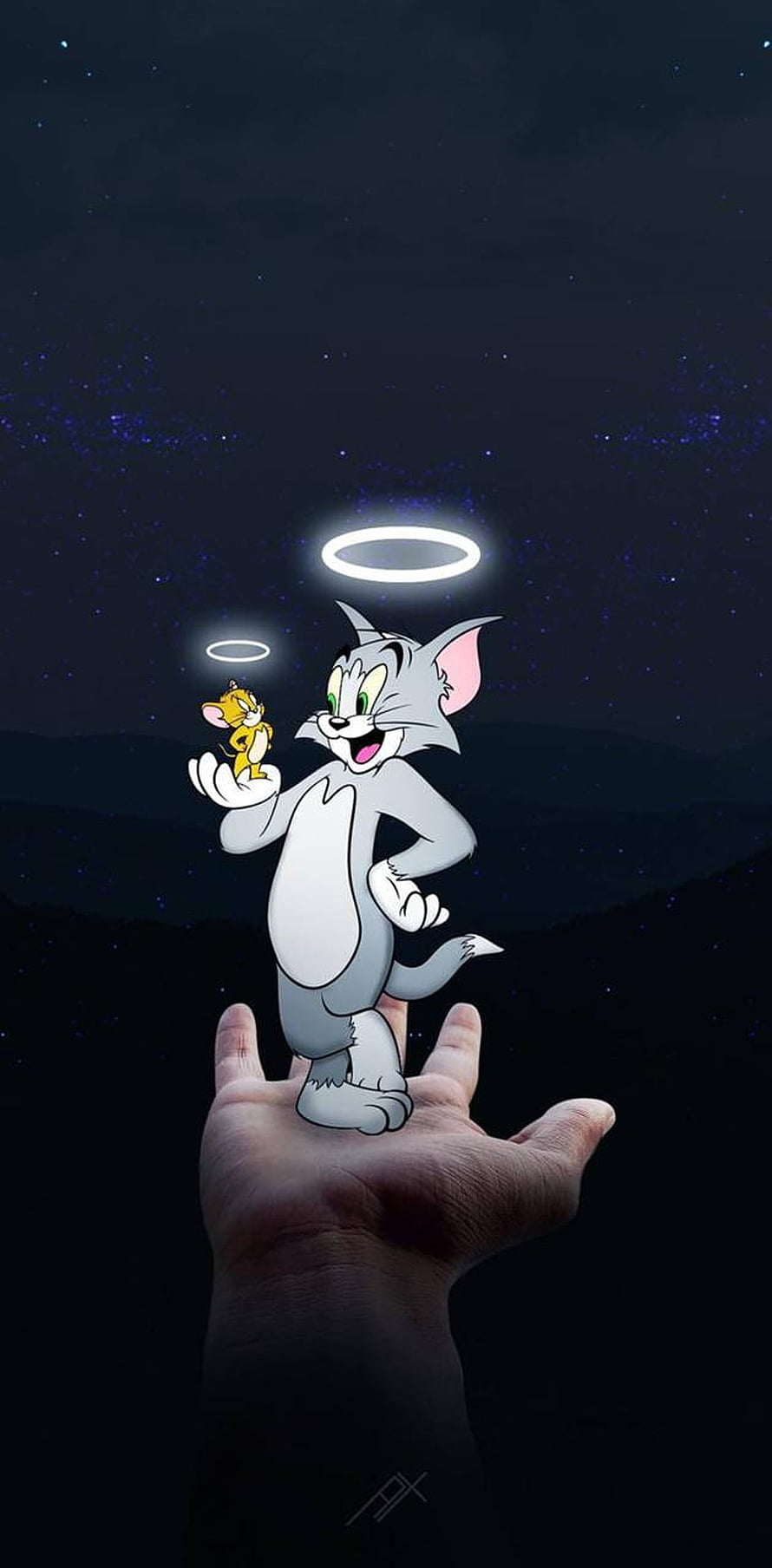 Tom and Jerry as Angels with Glowing Halos on a Hand Against a Starry Night Sky HD phone wallpaper
