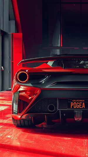 Red Ferrari 488 Pista Rear View with Carbon Fiber Details and California Plate HD phone wallpaper
