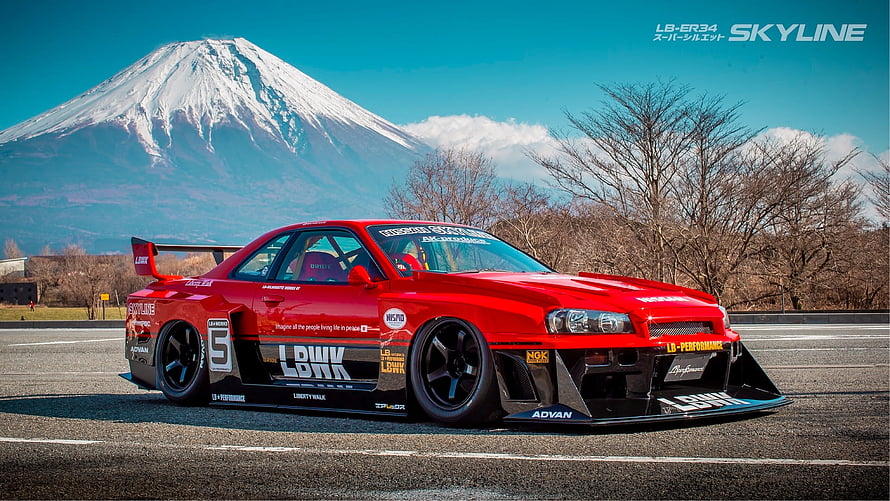 Liberty Walk R34 Skyline GT-R Widebody on Track with Mount Fuji HD wallpaper