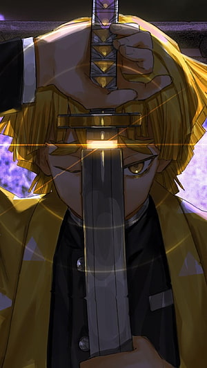 Zenitsu Agatsuma holding a glowing katana vertically in front of his face HD phone wallpaper