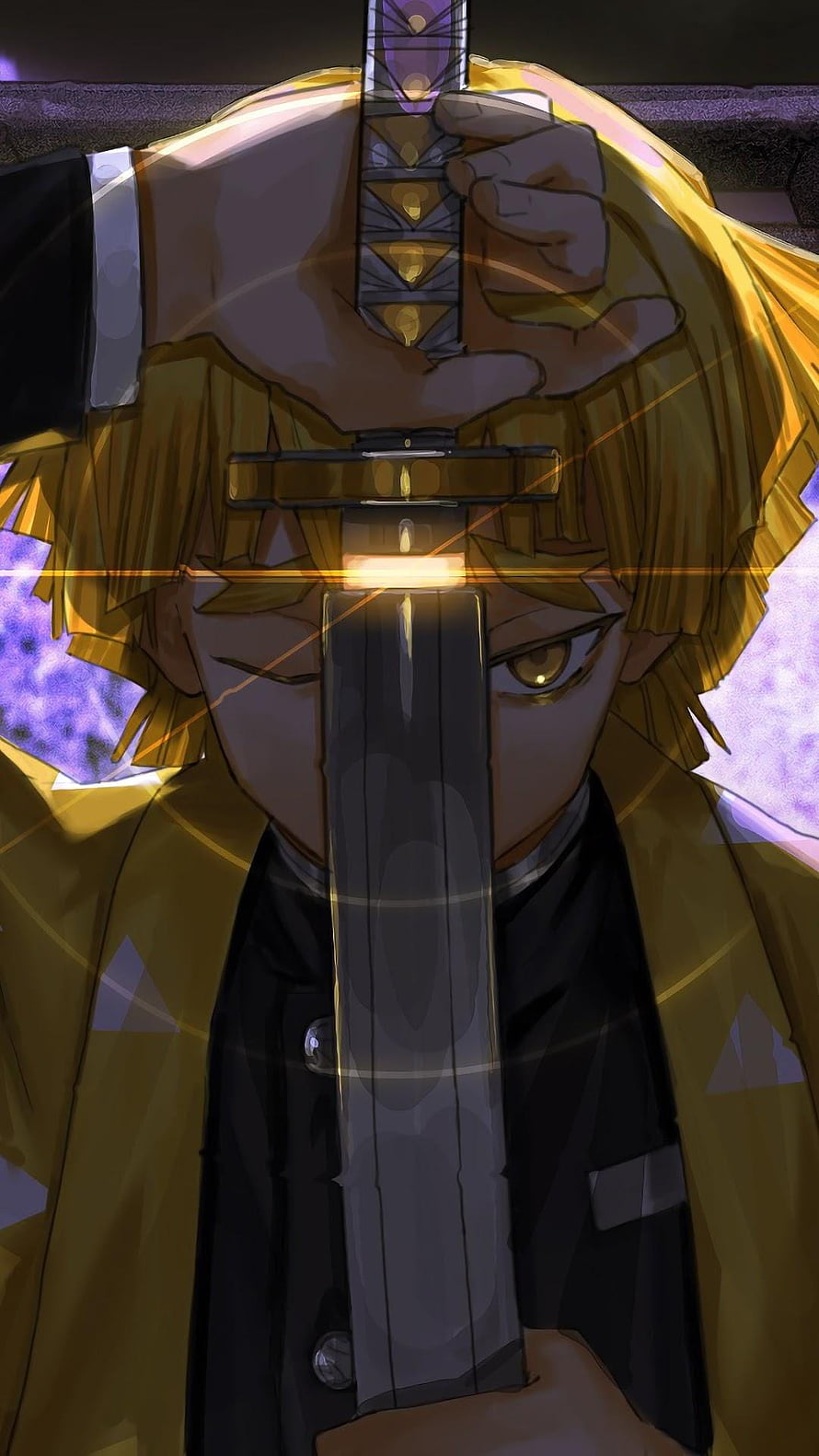 Zenitsu Agatsuma holding a glowing katana vertically in front of his face HD phone wallpaper