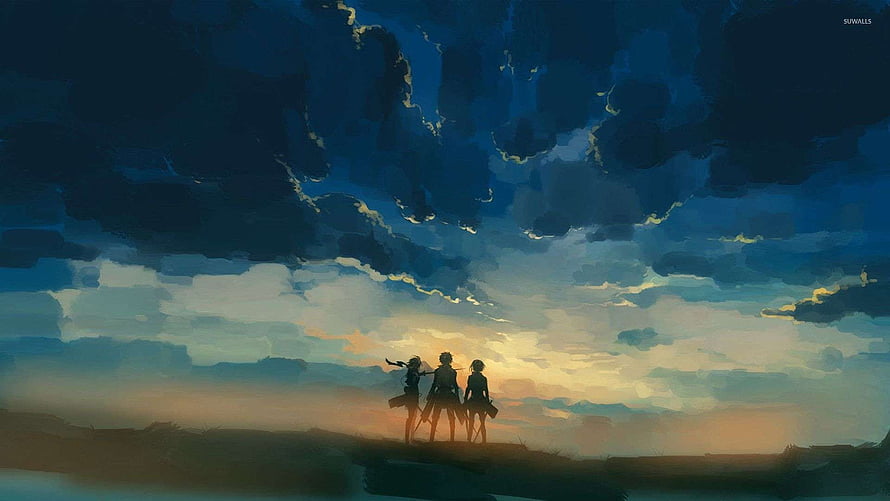 Attack on Titan Silhouettes Under Dramatic Stormy Sky at Sunset HD wallpaper