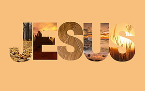 Jesus Typography Art With Nature Scenes Inside Letters On Orange Background HD wallpaper