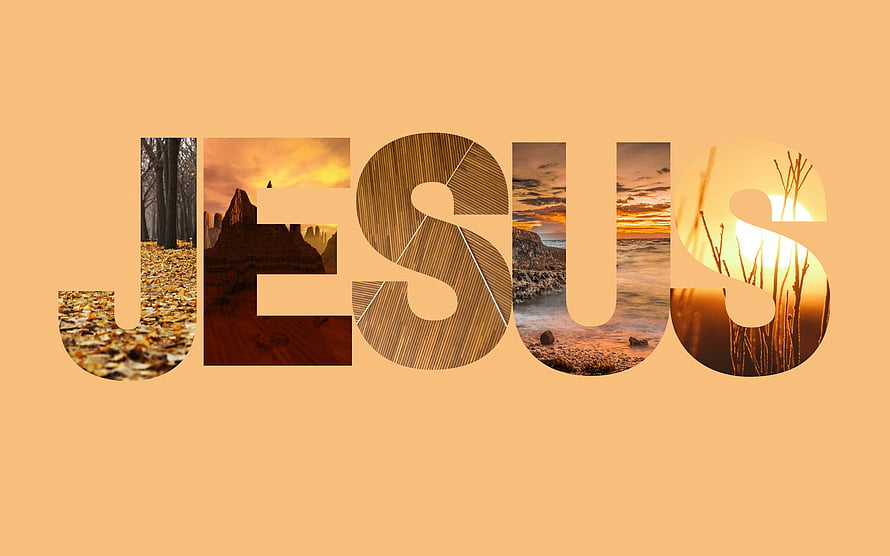 Jesus Typography Art With Nature Scenes Inside Letters On Orange Background HD wallpaper