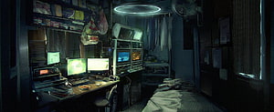 Dimly Lit Cyberpunk Hacker Room With Multiple Monitors And Cluttered Desk HD wallpaper