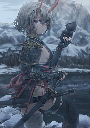 Anime girl with horns wearing samurai armor holding a mask and katana in a snowy landscape HD phone wallpaper