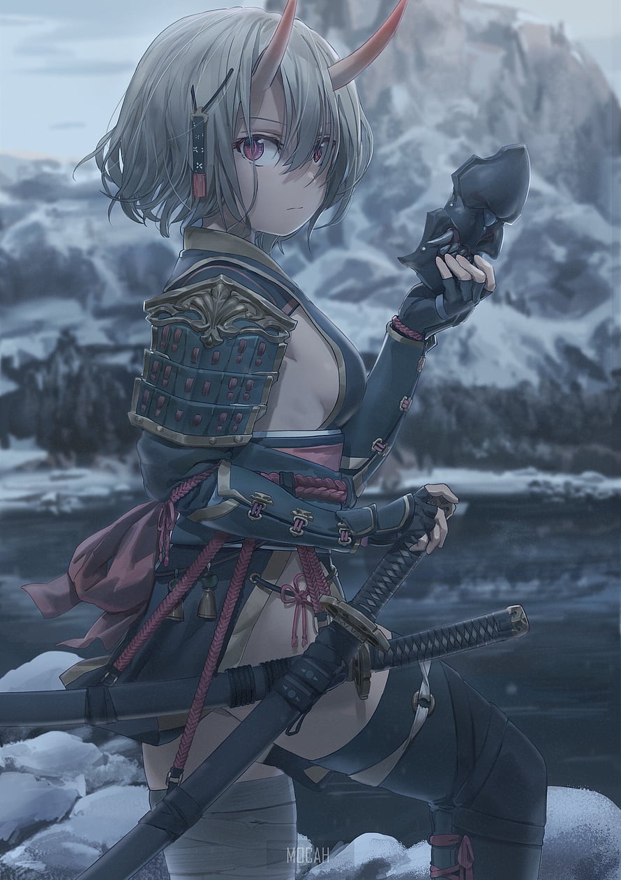 Anime girl with horns wearing samurai armor holding a mask and katana in a snowy landscape HD phone wallpaper