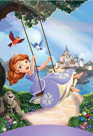 Princess Sofia on a Tree Swing with Castle and Birds in a Flower Garden HD phone wallpaper