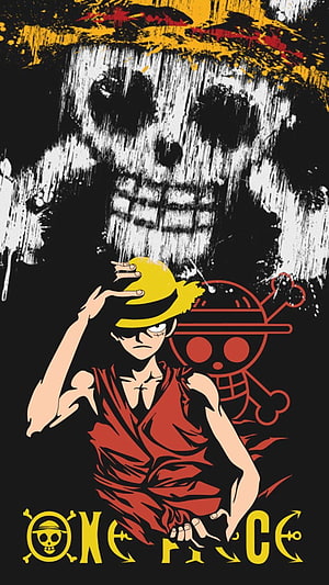 Monkey D. Luffy One Piece Anime Wallpaper with Straw Hat and Skull Background HD phone wallpaper