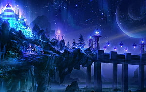 Glowing Fantasy Castle on a Cliff Under a Starry Night Sky with Floating Lanterns HD wallpaper