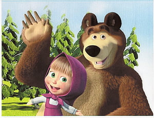 Masha and the Bear waving happily in a sunny forest with green pine trees HD wallpaper