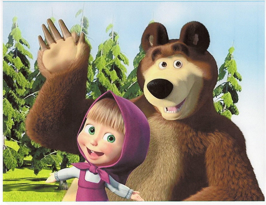 Masha and the Bear waving happily in a sunny forest with green pine trees HD wallpaper