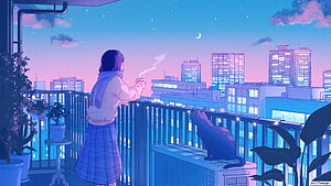 Anime Girl On Balcony With Cat Watching City Skyline At Night HD wallpaper