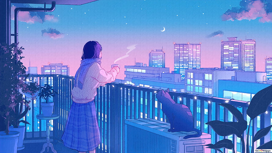 Anime Girl On Balcony With Cat Watching City Skyline At Night HD wallpaper