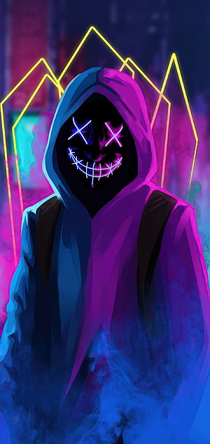 Neon Hooded Figure With Glowing Mask And Cyberpunk Background HD phone wallpaper