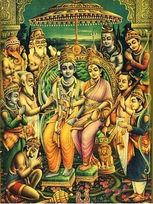 Rama and Sita Coronation Scene in Traditional Indian Mythological Painting Style HD phone wallpaper