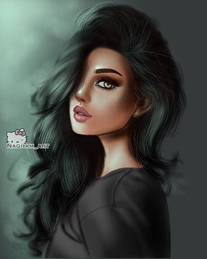Digital Art Portrait of a Woman with Long Dark Hair and Intense Green Eyes, 100 cartoon girls, attitude anime girl HD phone wallpaper