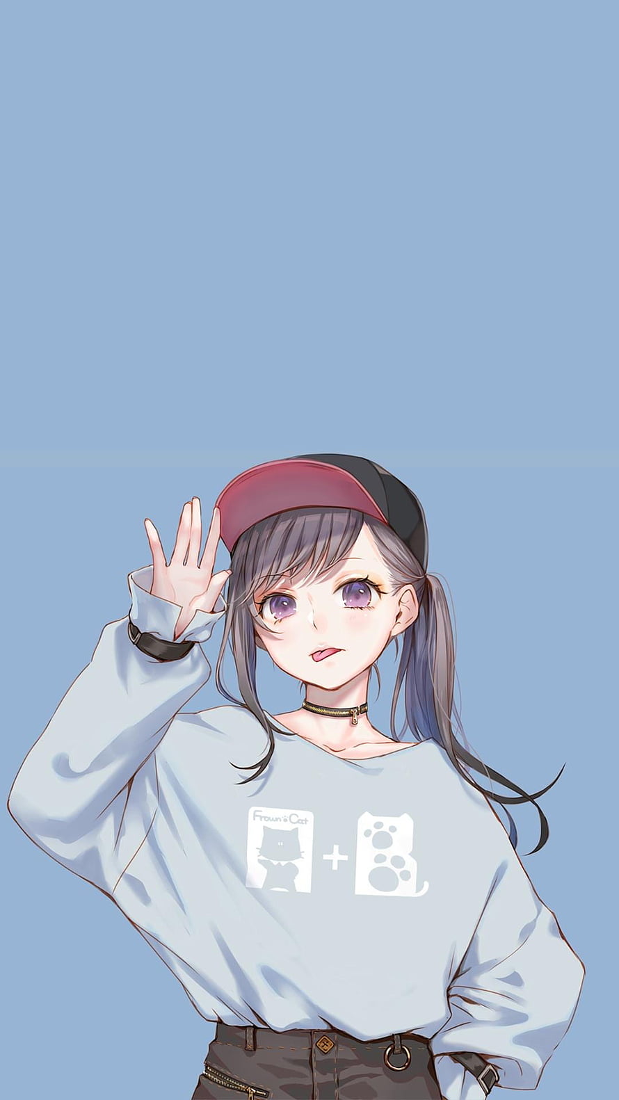 Anime Girl Waving With Baseball Cap And Purple Eyes On Blue Background HD phone wallpaper